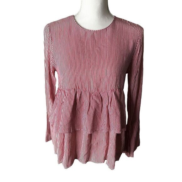 NEW ZARA Y2K TRAFALUC COLLECTION  BOHEMIAN Red Wht Striped Ruffle Tier Blouse XS - Picture 1 of 5